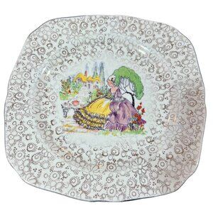 Vintage H&K Made in England Gold Chintz Crinoline Lady plate 8”